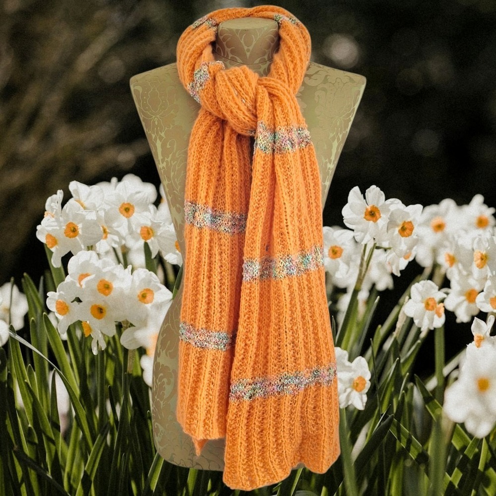 Vintage‎ Handmade Bright Orange Knit Scarf Boho Cottagecore OS